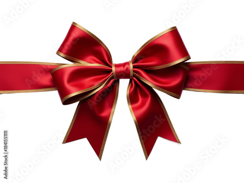 Elegant Crimson Red Satin Bow with Gold Edges on White Background HDR