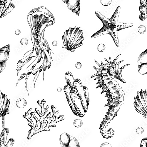 Seamless pattern with hand drawn marine animals illustration. Underwater world concept for textile, wrapping paper, summer decor, and kids education. Outline graphic illustration