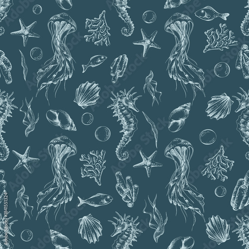 Underwater world seamless pattern with jellyfish, seahorse, shell. Tropical ocean animal background for fabric, wallpaper, card. Outline hand drawn graphic illustration on a navy blue