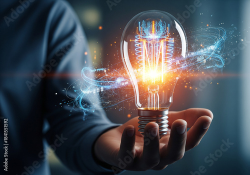 A hand presenting a glowing light bulb with digital connections and bright energy