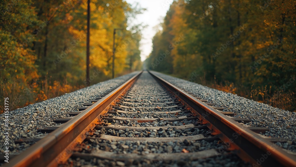 Fototapeta premium Old rusted rail fragment on gravel beside autumn foliage, highlighting transportation infrastructure
