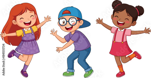 Three diverse and cheerful young children happily jumping and waving together, celebrating friendship, childhood, and educational fun in a vector illustration
