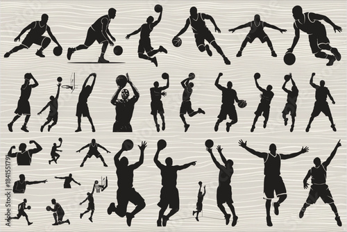 A bold black silhouette of a basketball player captured mid-air while performing a powerful dunk,