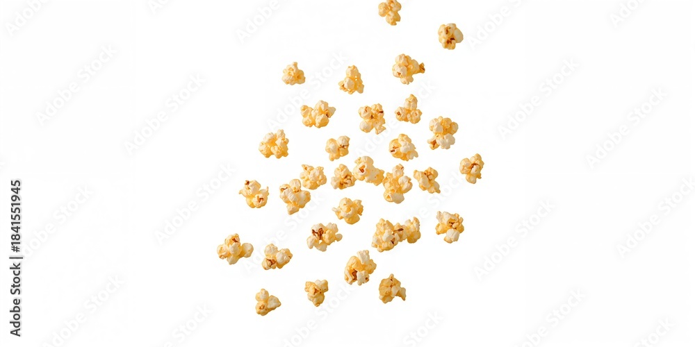 Fototapeta premium Puffed popcorn floating in the air on a white backdrop, highlighting snack lightness and texture