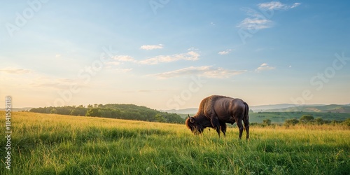 Fototapeta Naklejka Na Ścianę i Meble -  Horse grazing on grass under a summer sky, natural landscape background, grazing behavior, Earth Day