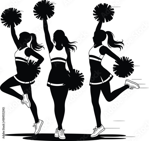Silhouette illustration of cheerleaders performing energetic dance poses with pom-poms, dynamic cheerleading team artwork perfect for sports, spirit squad designs, dance and athletic themesSilhouette 