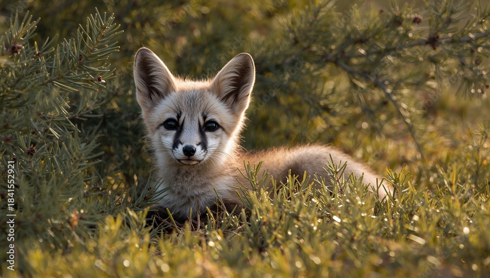 Obraz premium Young fox resting amidst juniper bushes in a natural environment, highlighting wildlife habitat preservation