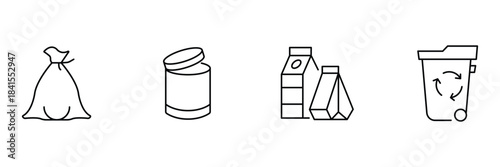Trash bin recycling icon set, garbage bag, glass jar, paper carton packaging, wheeled bin arrows outline minimal waste management vector illustration.