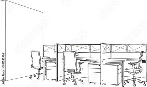Black and White Monoline Architectural Vector Drawing of Modern Office Workstations with Dividers, Ergonomic Chairs, and Under-Desk Filing Cabinets