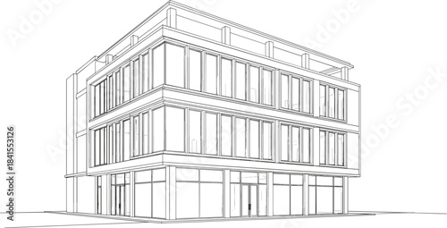 Black and White Monoline Architectural Vector Drawing of a Modern Three-Story Commercial Office Building with Large Windows and Clean, Contemporary Lines