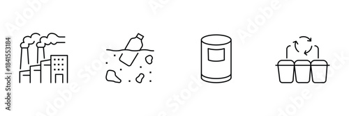Trash bin pollution icon set, factory smoke, ocean plastic bottle, single metal can, recycling bins circulation outline environmental vector illustration.