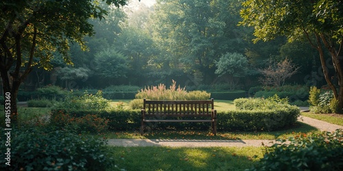 Outdoor bench made of wooden planks situated amid vibrant greenery, designed for leisure or social gatherings, garden furniture setup, Earth Day