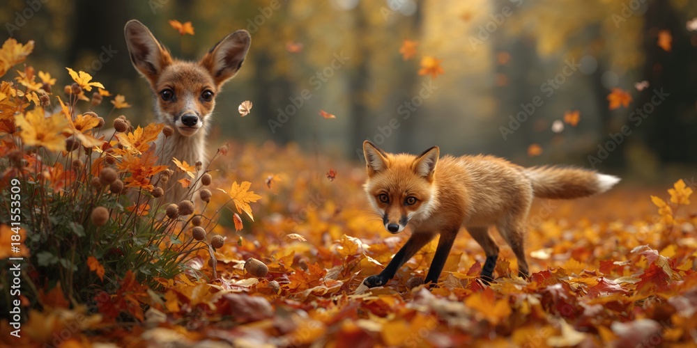 Obraz premium Illustration of an animal on a book cover set against fall foliage, highlighting natures seasonal shifts