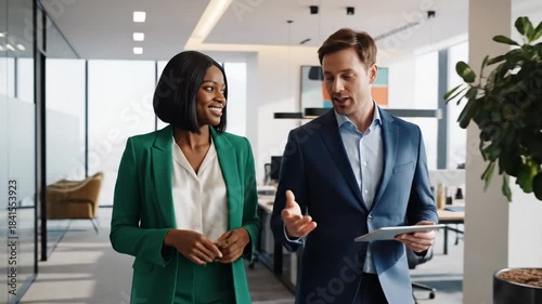 Two professionals in a modern office discuss work, glass walls, bright decor, and laptops at tables