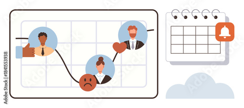 Team members represented by avatars on a graph with emotional icons, paired with a calendar featuring notification alert. Ideal for project management, emotional analysis, team performance