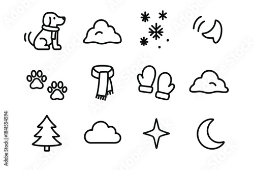 Winter Dog Icons. Winter dog illustration. Line outline icon set of Winter dog illustration: dog figure, snow