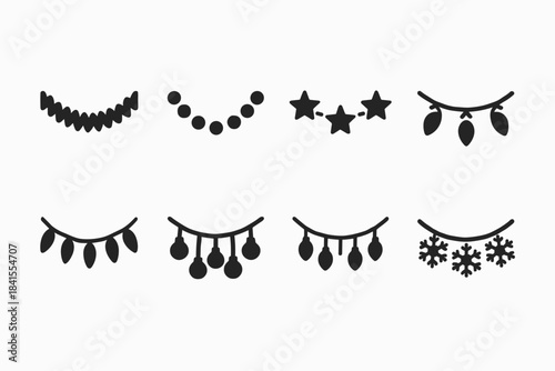 Festive Icons Display. Festive garlands. Filled icon set of festive garlands: tinsel, bead garland, star