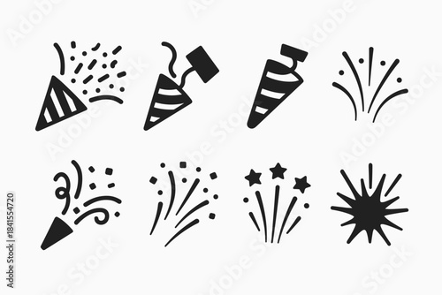 Party Popper Icons. Party poppers. Filled icon set of party poppers: exploding popper, opened popper, popper