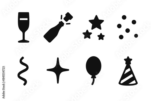 NYE Celebration Icons. NYE celebration elements. Filled icon set of NYE celebration elements: champagne glass,