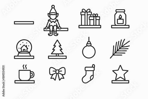 Elf Shelf Designs. Elf shelf arrangements. Line outline icon set of Elf shelf arrangements: shelf, elf sitting