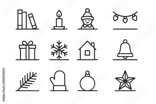 Christmas Shelf Icons. Christmas shelf scenes. Line outline icon set of Christmas shelf scenes: bookshelf,