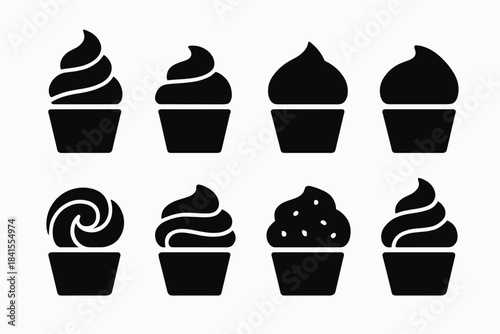 Cupcake Frosting Styles. Cupcake frosting styles. Filled icon set of cupcake frosting styles: tall swirl,