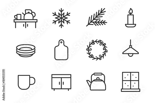 Minimalist Winter Kitchen Icons. Minimalist kitchen decorated for winter. Line outline icon set of Minimalist