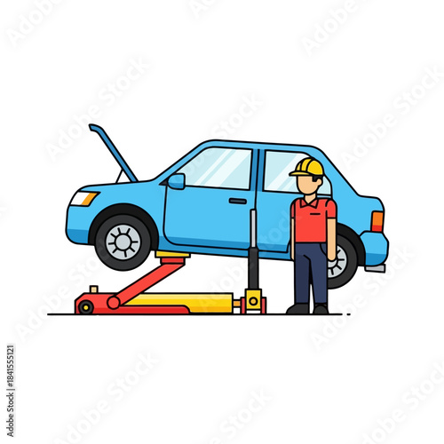 Blue Car Raised on a Jack Lift with Mechanic in Yellow Helmet and Red Shirt