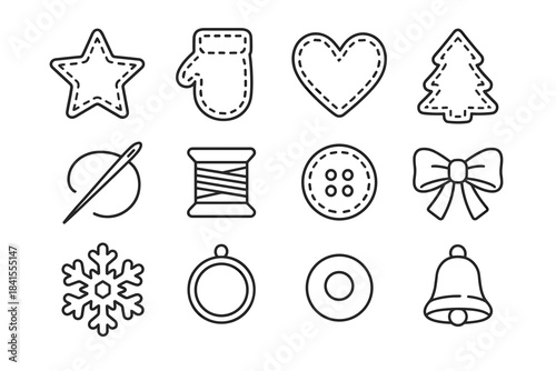 Felt Ornament Icons. Felt ornament designs. Line outline icon set of Felt ornament designs: felt star, felt