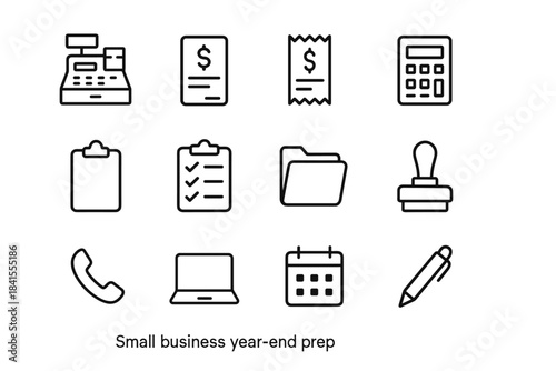 Small Business Icons. Small business year-end prep. Line outline icon set of Small business year-end prep: