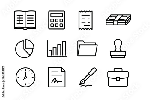 Business Icon Set. Business financial wrap-up. Line outline icon set of Business financial wrap-up: ledger