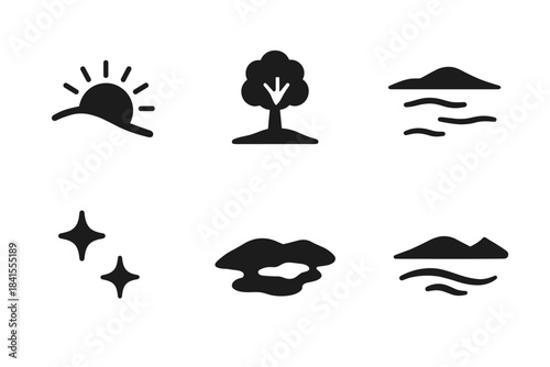 Winter Sunrise Icons. Tranquil winter sunrise. Filled icon set of tranquil winter sunrise: sun edge, snowy