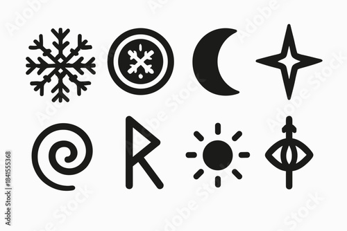 Mystical Winter Icons. Mystical winter symbols. Filled icon set of mystical winter symbols: runic snowflake,