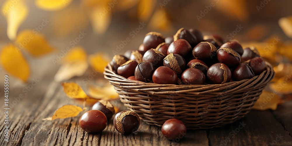 Obraz premium Basket filled with chestnuts, food storage and preparation during fall season