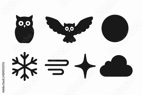 Night Flight Icons. Night flight owl. Filled icon set of night flight owl: owl silhouette, stretched wings,