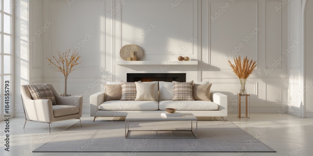 Obraz premium Living room with a cozy fireplace, light-colored sofa, and armchair arranged for casual relaxation