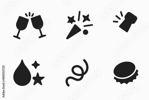 Celebration Icons Set. Celebration cheers. Filled icon set of celebration cheers: glass pair, sparkle pop,