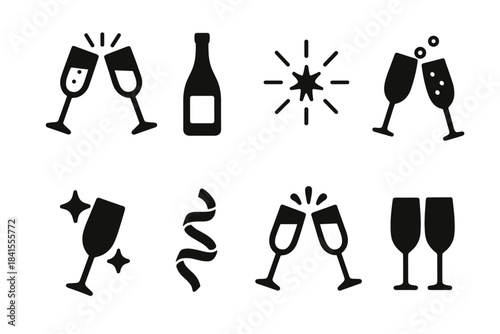 Champagne Celebration Icons. Champagne glasses cheers. Filled icon set of champagne glasses cheers: clinking