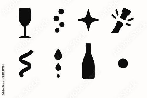 Champagne Icon Set. Champagne celebration. Filled icon set of champagne celebration: champagne flute, bubble