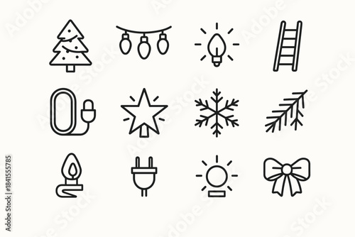 Festive Tree Icons. Decorating outdoor trees with warm lights. Line outline icon set of Decorating outdoor