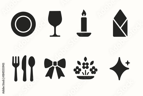 Elegant Table Icons. Elegant black-and-gold table setup. Filled icon set of elegant black-and-gold table setup