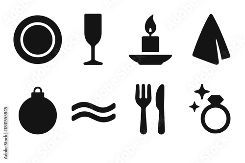 Elegant Event Icons. Glam event table. Filled icon set of glam event table: decorative plate, glass flute,