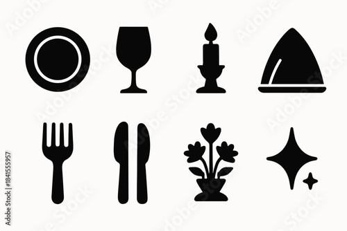 Elegant Dinner Icons. Elegant dinner setting. Filled icon set of elegant dinner setting: plate outline, wine