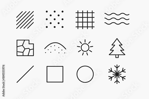 Snow Surface Icons. Snow surface patterns. Line outline icon set of Snow surface patterns: stripe shadow, dot
