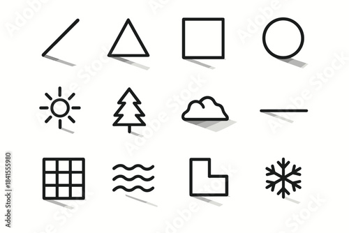 Winter Shadow Icons. Shadows in winter light. Line outline icon set of Shadows in winter light: diagonal