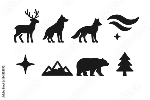 Silhouettes Under Aurora. Wildlife under aurora sky. Filled icon set of wildlife under aurora sky: deer