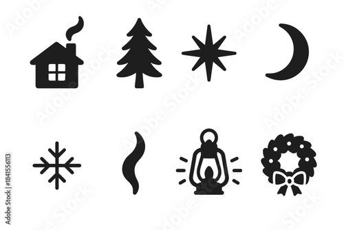 Rustic Holiday Icons. Rustic holiday night. Filled icon set of rustic holiday night: cabin window glow, pine