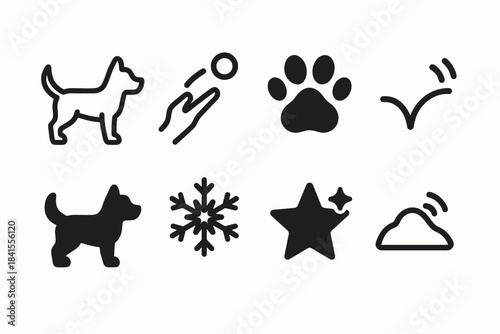 Snowball Dog Icons. Snowball dog fun. Filled icon set of snowball dog fun: dog outline, snowball toss, paw