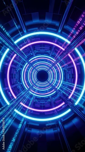 Vertical futuristic neon tunnel loop with flowing binary code and abstract digital data rings (Vertical Video)