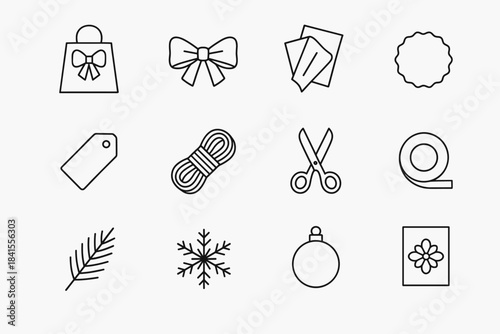 Boutique Gift Wrap Icons. Boutique gift wrapping. Line outline icon set of Boutique gift wrapping: gift bag,